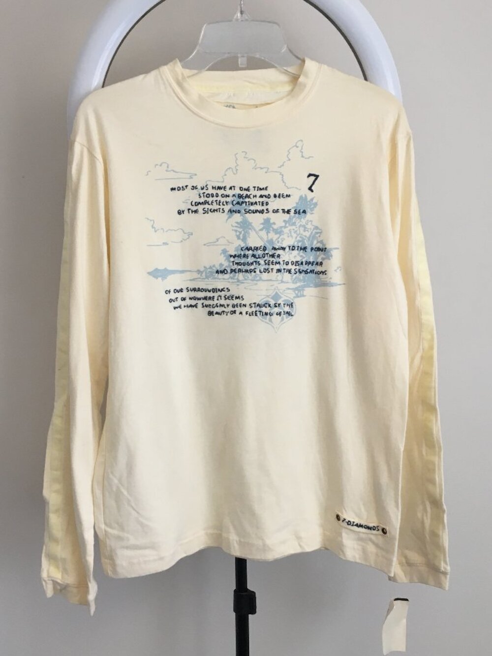 NWT 7 DIAMONDS Cream MultiColor Logo Print Embroidery Applique Long Sleeve Shirt